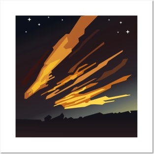 Sunrise cartoon landscape and comet tails Posters and Art